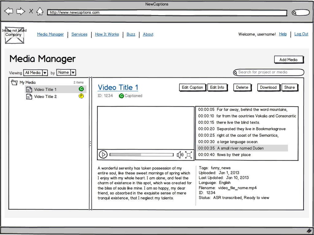 NewCaptions Media Library Page Mockup